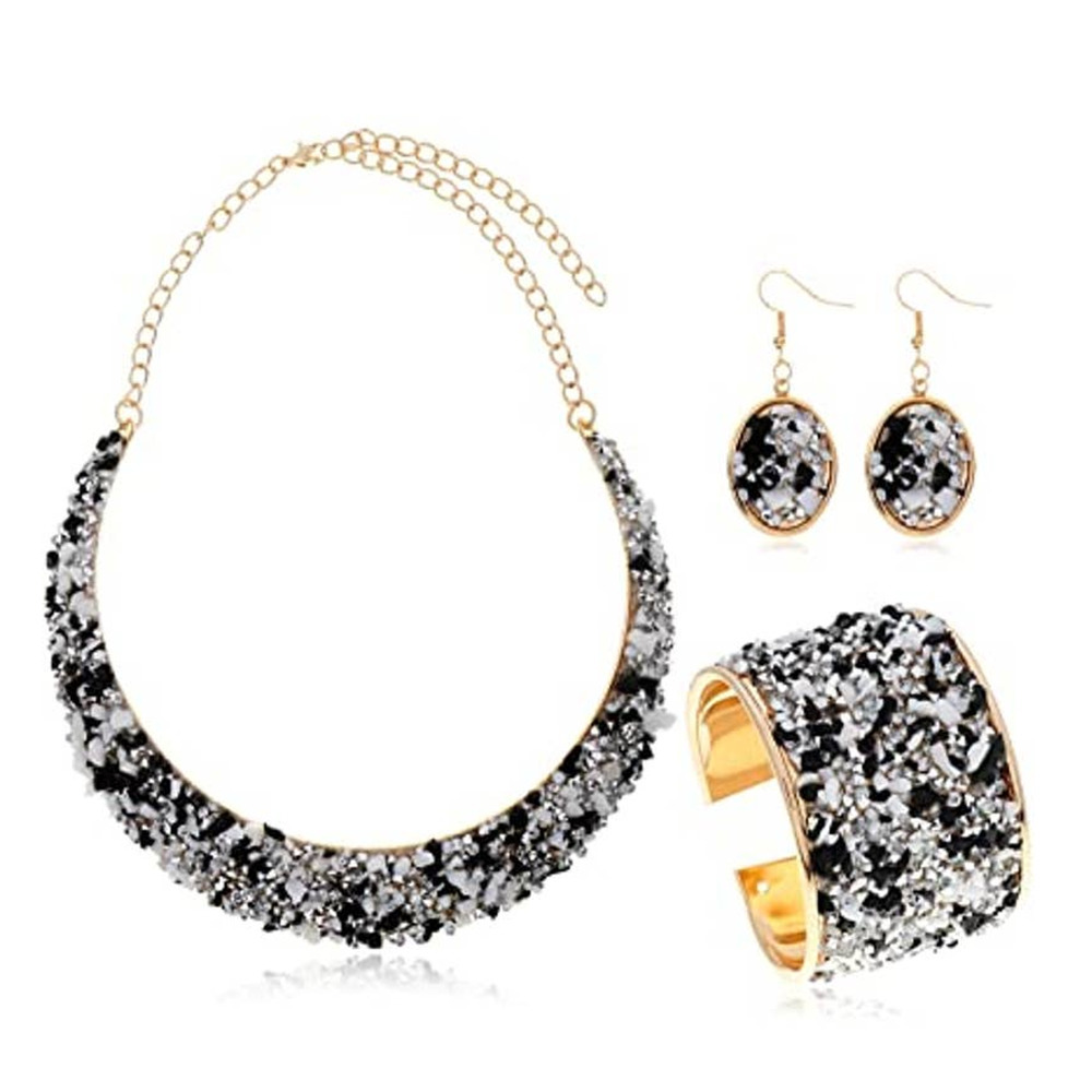 Chunky Crystal Rhinestone Necklace CUFF BRACELET DRUZY DROP EARRINGS Black White